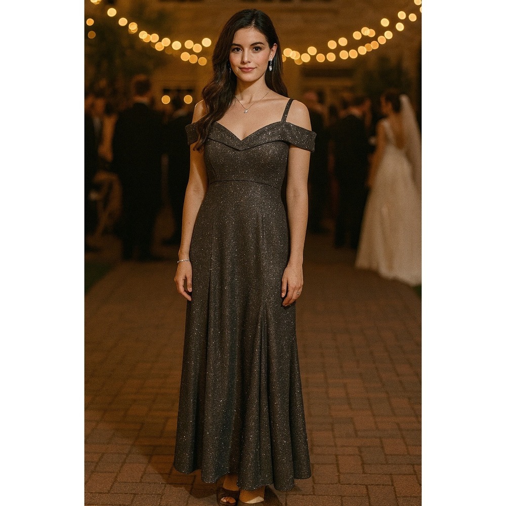 R&M Richards 14 Black Silver Sparkle Off Shoulder Mermaid Dress Wedding Glam NWT